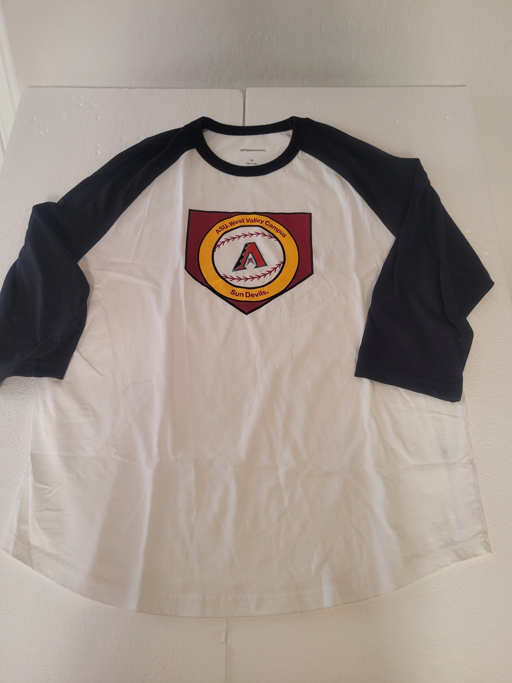 Sport-Tek White and Black Raglan Long Sleeve Tee with Maroon & Gold Crest
